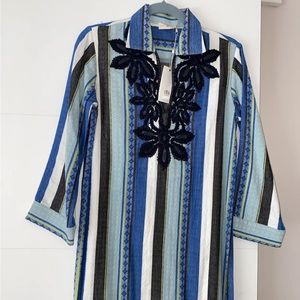 Tory Burch SZ 0 XS Blue Cotton Voile Tunic Caftan Dress swim cover up With Beads